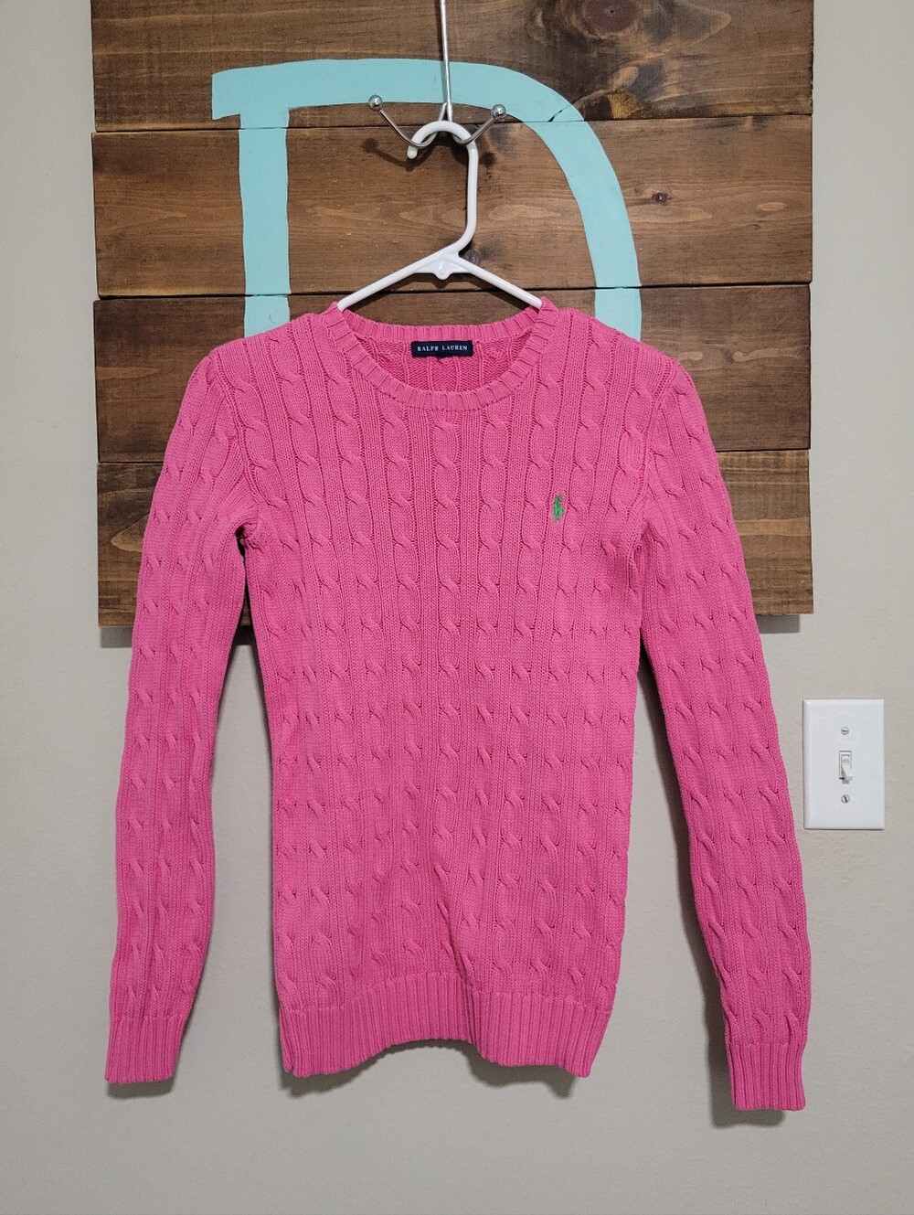 Ralph Lauren Bubble Gum Pink Cable Knit Preppy Old Money Crewneck Sweater